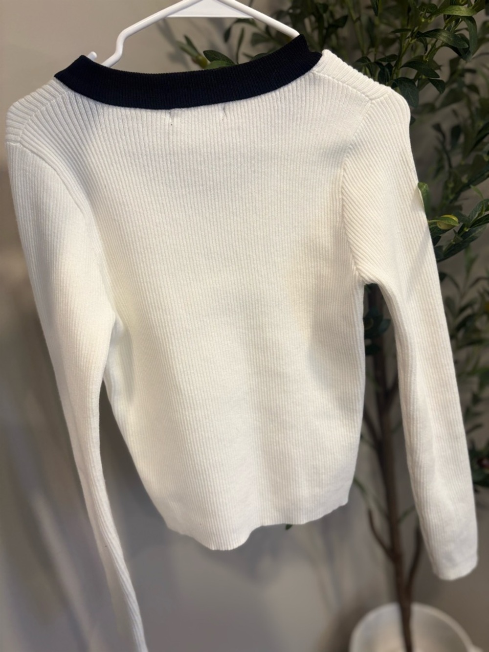 SHEIN Cream Ribbed Long Sleeve Top with Black Bow Collar - Picture 5 of 5